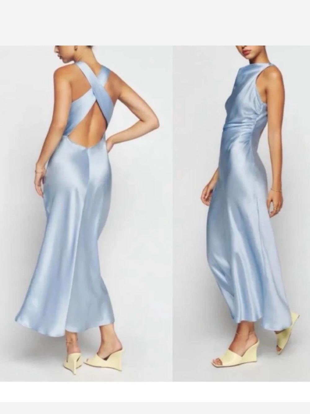 Reformation Powder Blue Satin Cross-Back Maxi Dress